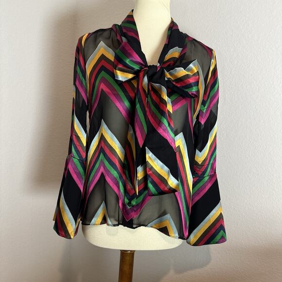 Alice + Olivia Colorful Striped Silk Bowtie Sheer Button Top Sz XS Blouse Preppy - Picture 11 of 12
